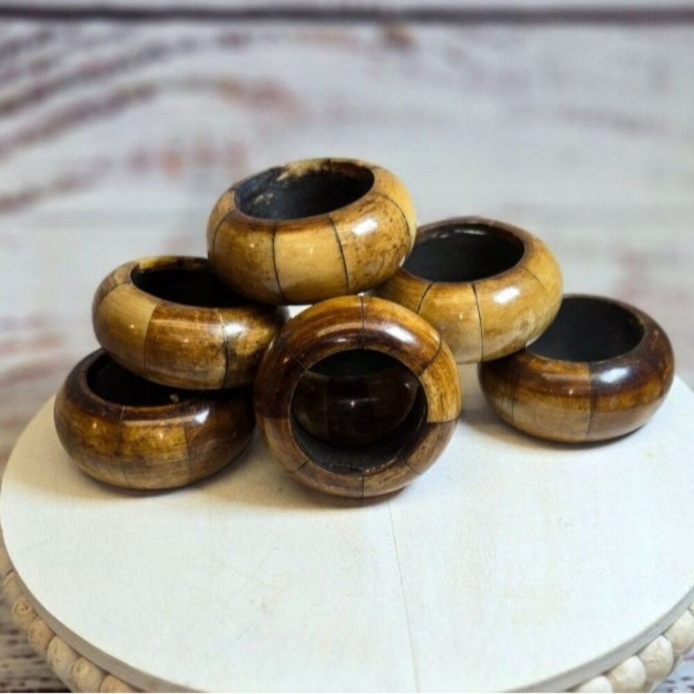 Vintage wood napkin ring holders set of 7 wooden dining decor Retro table settin
